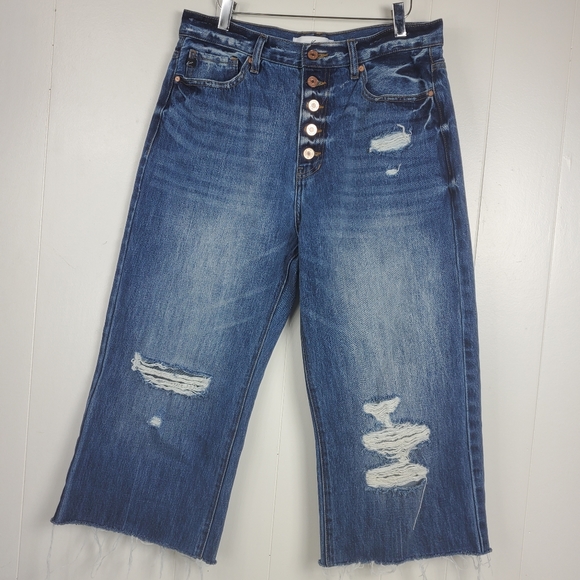 Kancan high waist button fly factory distressed raw hem cropped jeans size 11/29 - Picture 14 of 14